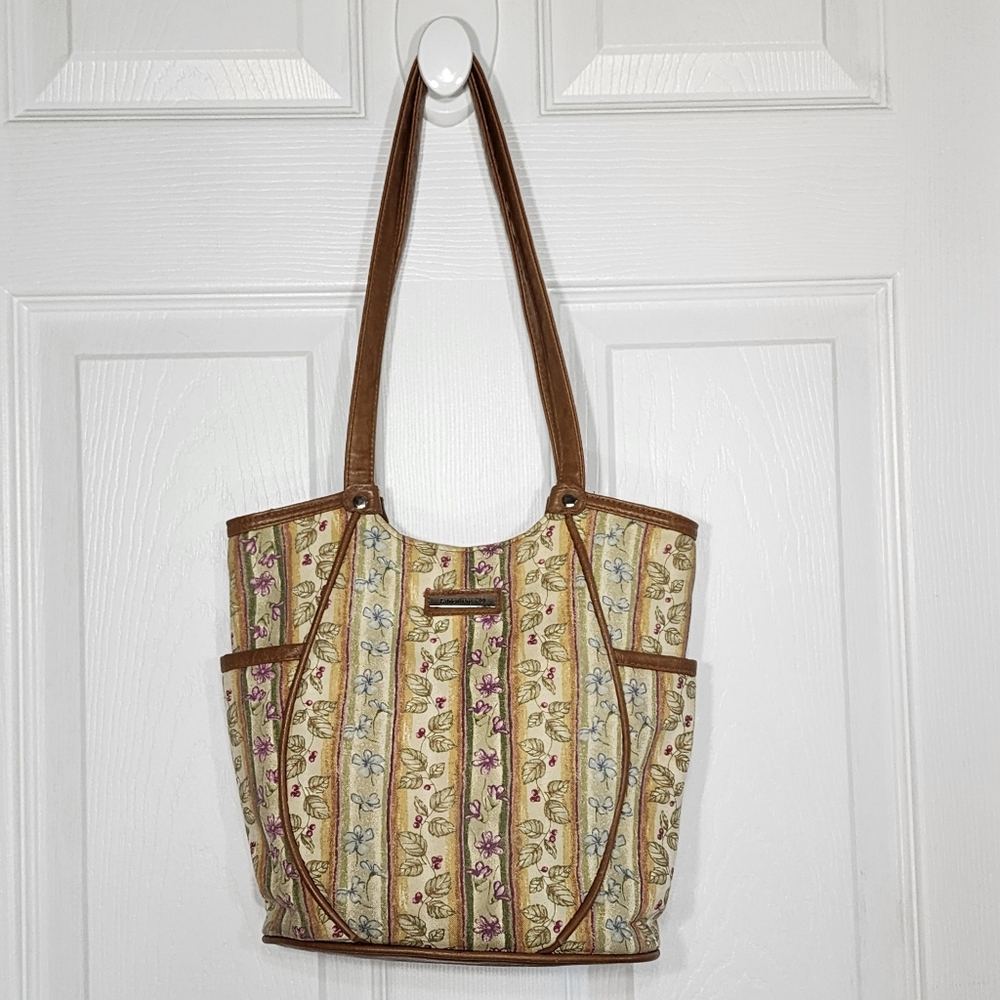 Longaberger Purse yellow floral and leaf striped bucket bag Women's Shoulde Bag